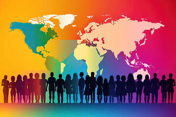 Generative AI illustration of people silhouettes standing in row against colorful world map celebrating transgender and LGBT community day together support and unity concept