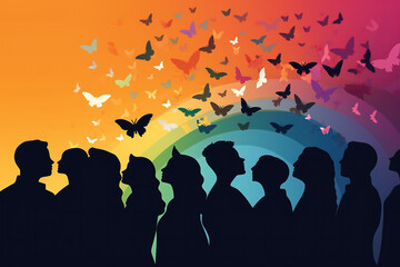 Generative AI illustration of silhouettes standing against rainbow and flying butterflies world day of transgender and LGBT people