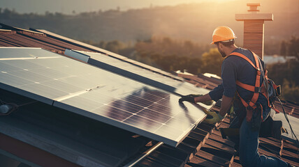 Installing a Solar Cell on a Roof. Solar panels on roof. Workers installing solar cell farm power plant eco technology. 