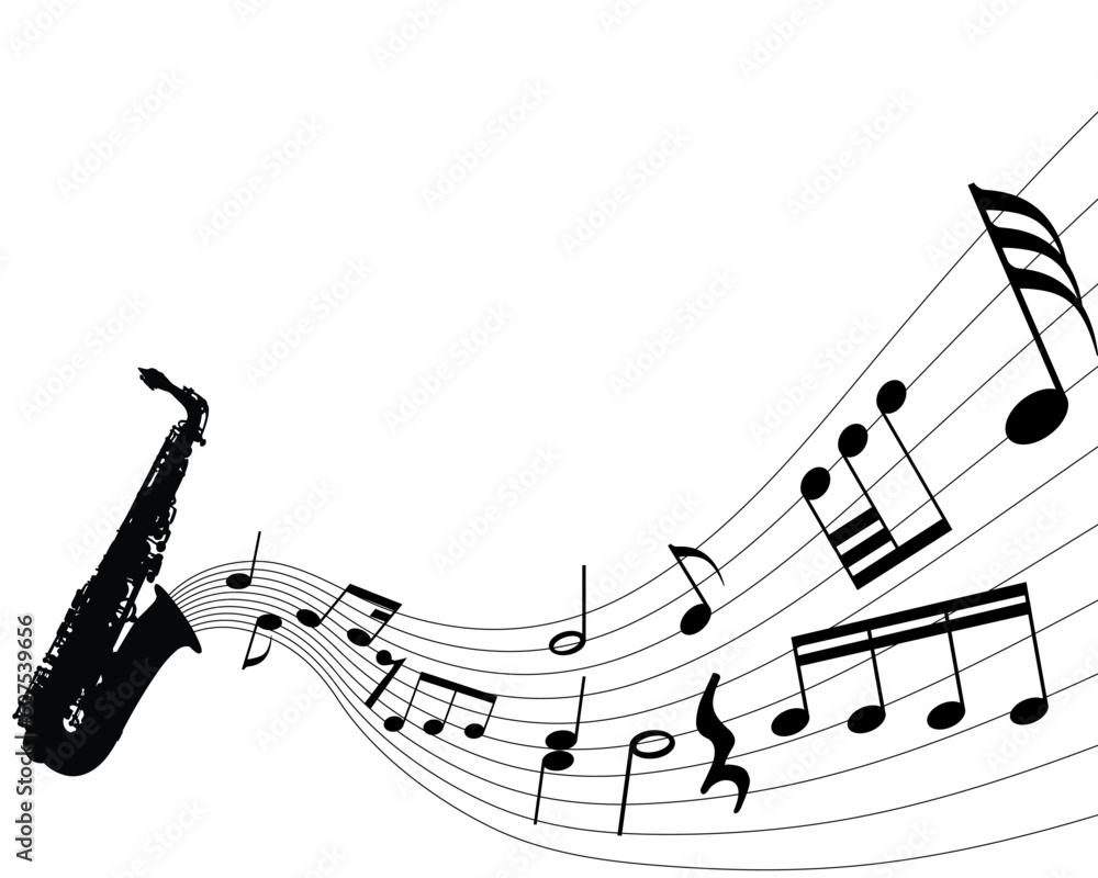 Poster abstract music background with different notes and wind instrument
