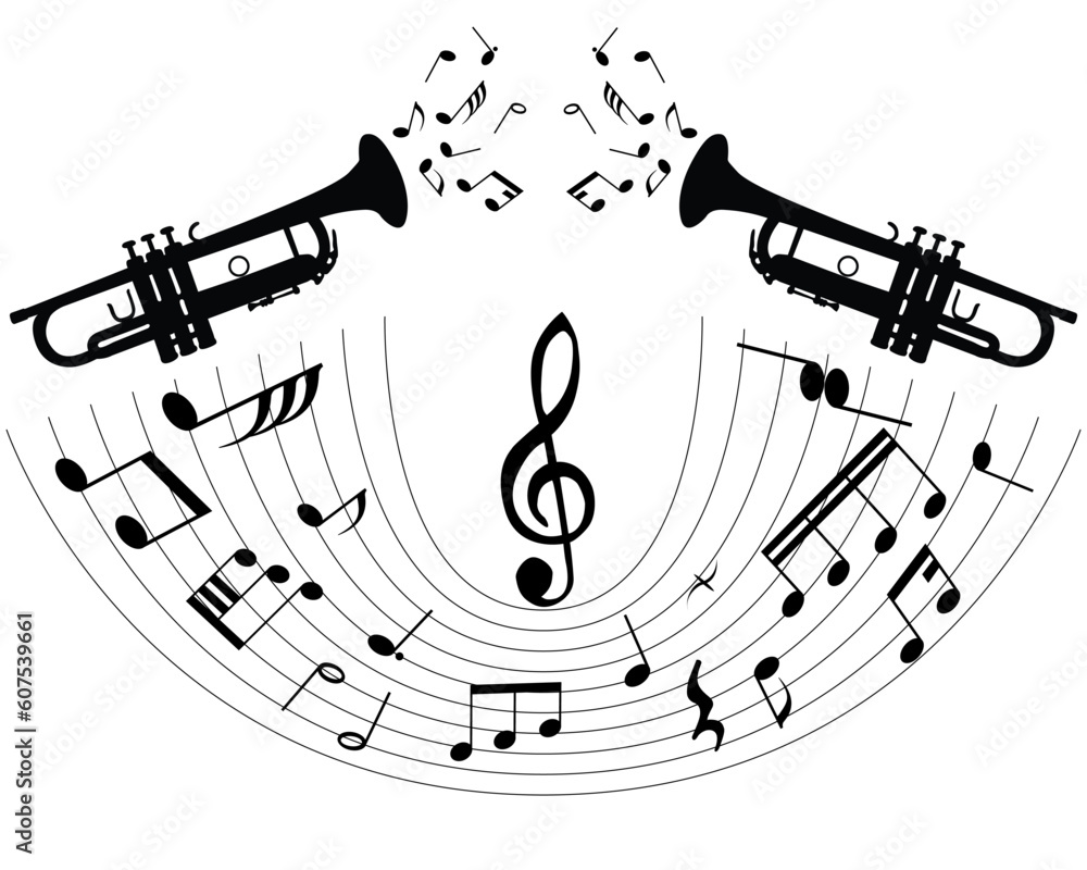 Poster abstract music background with different notes and wind instrument