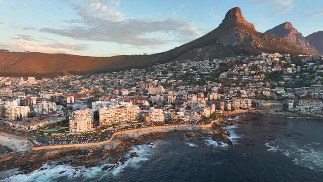 Aerial view of Atlantic Seaboard sunset with Lion&rsquo;s Head Mountain, Bantry Bay and Sea Point from Atlantic Ocean, Cape Town, South Africa.