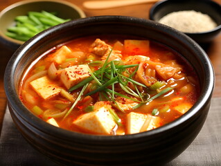 korean food. kimchi soup. korean table setting. Generative AI. 