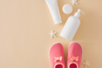 Child summer skincare idea. Top view of pump bottle, cosmetic tu