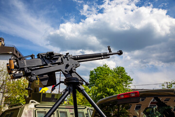 Drone hunters the war in Ukraine. Machine gun for shooting down kamikaze drones. Mobile group...