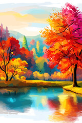 Watercolor landscape. Autumn forest on the lake shore  illustration autumnal trees on the shore of calm forest