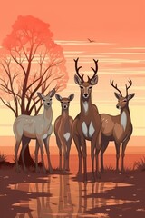 A group of deer by animals. (Illustration, Generative AI)