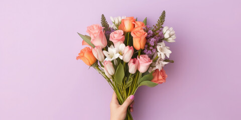 Hand einer Frau hält bunten Blumenstrauß - Mit Platz für Text oder Produkt