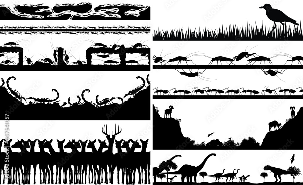 Aufkleber set of editable vector foregrounds of animal scenes with all individual animals as separate objects