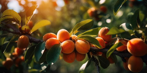 Ripe apricots hanging on a apricot tree branch in sunny garden. Orchard background, copy space. Generative ai illustration