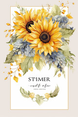Invitation cards for a stylized wedding with sunflowers, watercolor style, generated by AI