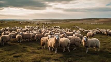 herd of sheep grazing in the meadow farms. Generative AI - obrazy, fototapety, plakaty