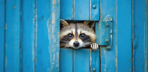 Ein neugieriger Waschbär späht vorsichtig aus einer Öffnung einer blauen Holztür, seine Augen und Nase deutlich sichtbar, während er die Umgebung beobachtet