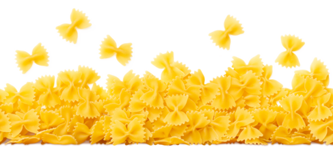 seamless tiling pasta border made of scattered Italian "farfalle" (butterflies) isolated over a transparent background, cut-out noodles or food design element, PNG