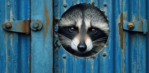 Ein neugieriger Waschbär späht vorsichtig aus einer runden Öffnung einer blauen Holztür, seine Augen und Nase deutlich sichtbar, während er die Umgebung beobachtet