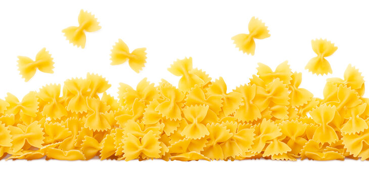 seamless tiling pasta border made of scattered Italian "farfalle" (butterflies) isolated over a transparent background, cut-out noodles or food design element, PNG