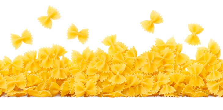 seamless tiling pasta border made of scattered Italian "farfalle" (butterflies) isolated over a transparent background, cut-out noodles or food design element, PNG