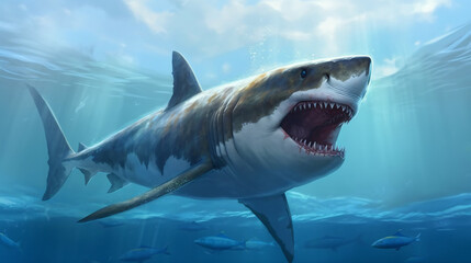 Fototapeta premium Emerging from the Depths: Generative AI Visualization of a Great White Shark in the Ocean