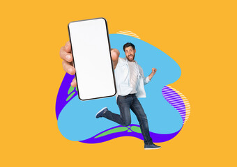 Amazing Offer. Joyful Young Man Showing Big Blank Smartphone At Camera
