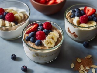 Almond butter and berries breakfast bowls with banana and yogurt, close-up