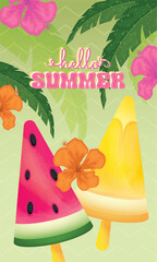 Pair of popsicles and flowers Hello summer vertical template Vector illustration