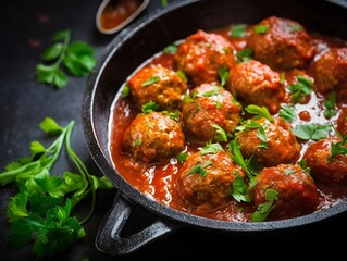 Meatballs in tomato sauce in the skillet at dark table. Flat lay top view. 