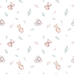 Seamlesss pattern with cartoon clouds, magic baby bear bunny toys and cow. Watercolor hand drawn illustration with white background