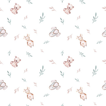 Seamlesss pattern with cartoon clouds, magic baby bear bunny toys and cow. Watercolor hand drawn illustration with white background