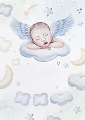 Watercolor newborn Baby Shower greeting card with babies boy girl. Birthday baby shower of new born baby