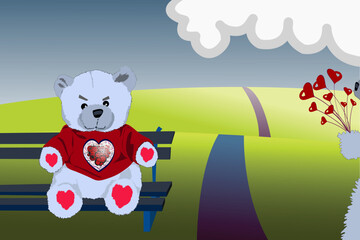 Teddy is sitting on the park bench waiting for her boyfriend to turn up the the flowers and the chocolates for a special Valentines day kissing session