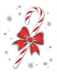 Candy cane and bow on a white background. Christmas illustration.