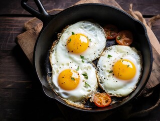 Fried eggs in a black pan, top view