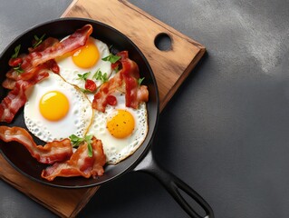 Frying pan with eggs and bacon on grey background, top view flat lay