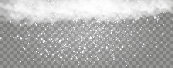Vector illustration of flying snow on a transparent background.Natural phenomenon of snowfall or blizzard.	

