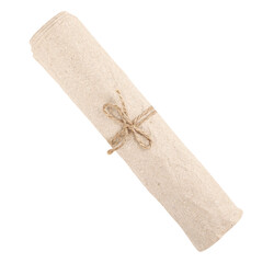 Rolled up scroll of old paper tied with rope, transparent background