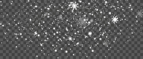 Vector illustration of flying snow on a transparent background.Natural phenomenon of snowfall or blizzard.	
