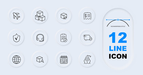 A set of vector icons representing the transportation of goods, featuring various modes of transport such as trucks. Pastel color background. Vector 12 line icon for business