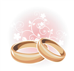 Gold wedding rings and floral pattern on a white background.