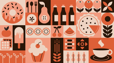 Geometric food pattern. Minimal bakery sweet dessert fruit simple shape, restaurant menu concept. Vector abstract banner