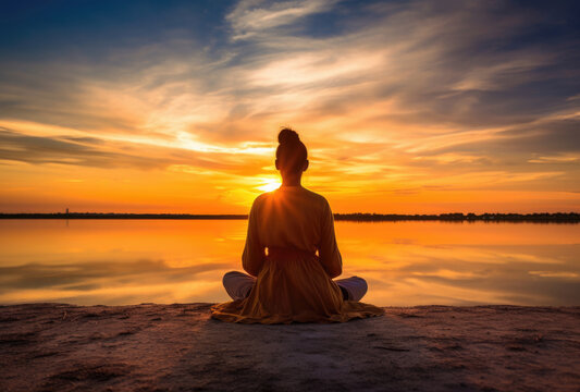 Frau meditiert am Meer bei Sonnenaufgang mit Platz für Text - Hintergrund zum Thema psychische Gesundheit