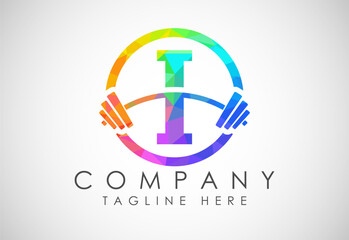 English alphabet I with a barbell low poly style. Lifting vector logo design. Vector logo for bodybuilding