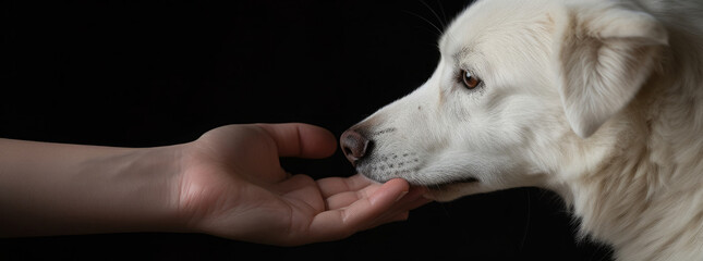 Hand hält Hundeschnauze isoliert auf schwarzen Hintergrund - obrazy, fototapety, plakaty