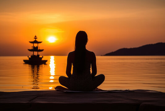 Silhouette einer Frau die am Meer mit Sonnenaufgang  meditiert - Orangener Hintergrund zum Thema psychische Gesundheit