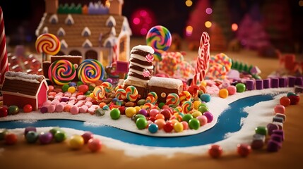 Candy land with many sweets including candy cane cookies generative AI
