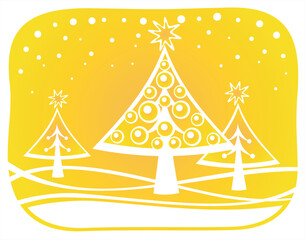 Stylized fur-trees and spheres on a yellow background. Christmas illustration.