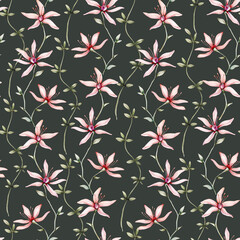 Tropical watercolor birds hummingbird, monkey and jaguar, exotic jungle plants palm banana leaves flowers, flamingo pastel color seamless pattern fabric background