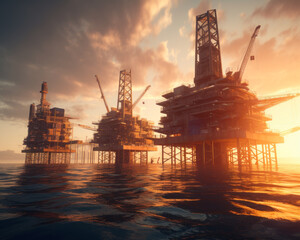 Obraz premium Sunset oil digging platform. Silhouette of drilling technologies. Generative AI.