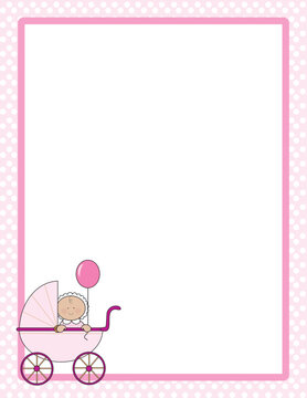 Polka dot border with baby girl in a carriage in one corner