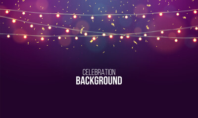 Lamp garlands with confetti on bright background. Template for party, carnival, christmas, birthday or presentation. Vector illustration.