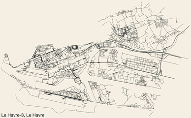 Detailed hand-drawn navigational urban street roads map of the LE HAVRE-3 CANTON of the French city of LE HAVRE, France with vivid road lines and name tag on solid background